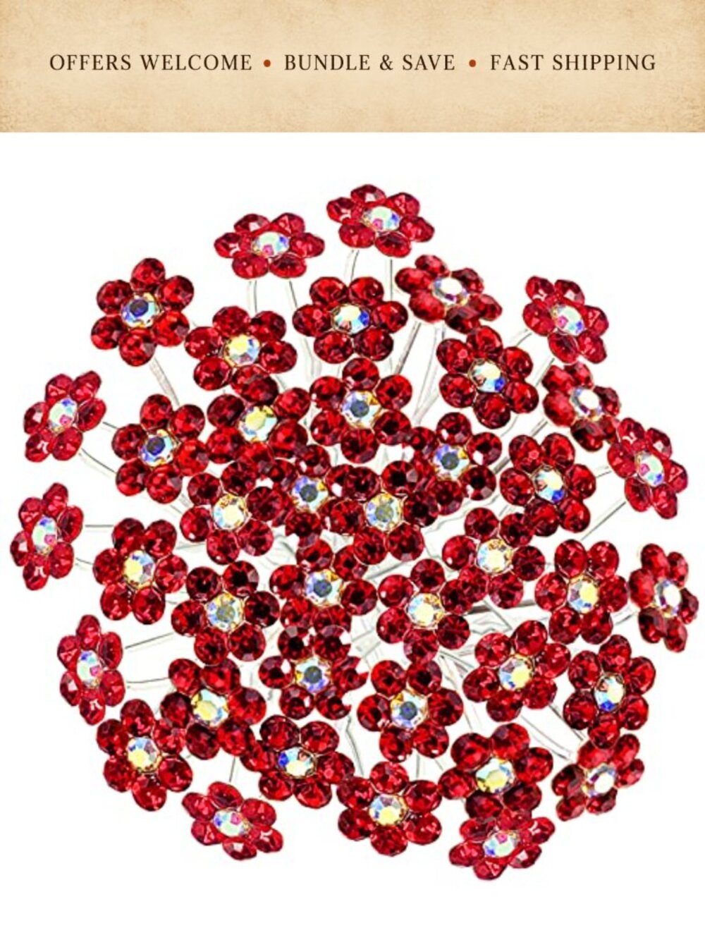 Rhinestone Flower Hair Pins U-Shaped Crystal Bridal Accessories 40 Pcs